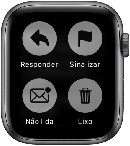 Quando você pressiona a tela enquanto visualiza a mensagem no Apple Watch, quatro botões são exibidos: Responder, Sinalizar, Não Lido e Lixo.