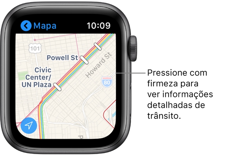 App Mapas mostrando detalhes sobre o trânsito, incluindo rotas e nomes de paradas.