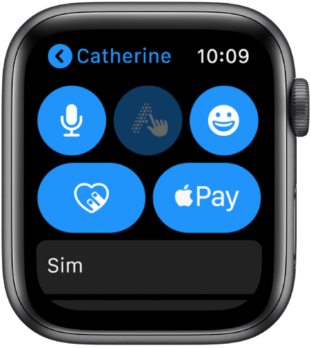 Tela do Mensagens mostrando o botão Apple Pay na parte inferior direita.