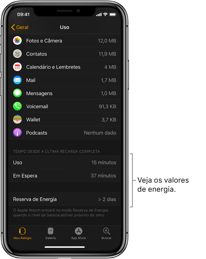 Na tela Uso, no app Apple Watch, visualize os valores de energia para Uso, Em Espera e Reserva de Energia na metade inferior da tela.