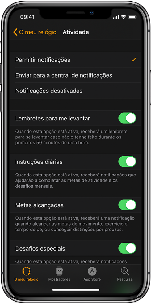 O ecrã Atividade na aplicação Apple Watch, onde pode personalizar as notificações que gostaria de receber.