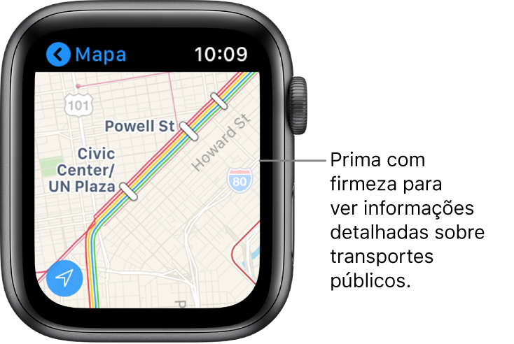 A aplicação Mapas a mostrar detalhes do trânsito, incluindo nomes de rotas e paragens.