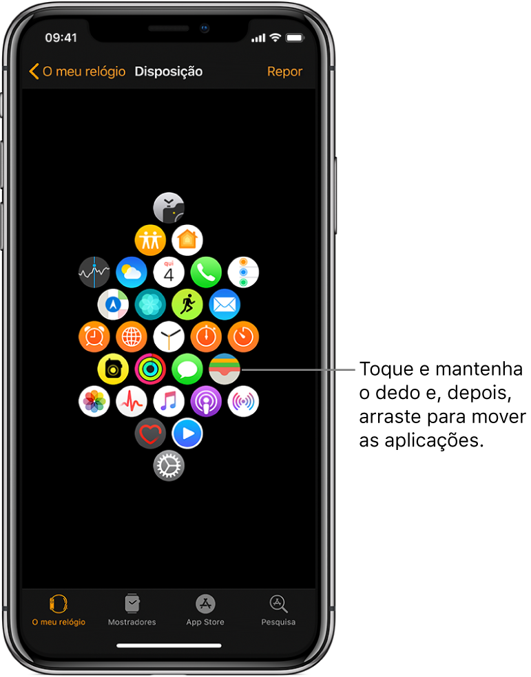 O ecrã Disposição na a aplicação Apple Watch a mostrar uma grelha de ícones. Um aviso aponta para um ícone de aplicação com a legenda: “Toque e arraste para mover as aplicações”.