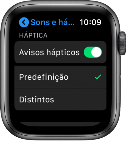 Definições de “Sons e háptica” no Apple Watch com o manípulo “Avisos de háptica” e as opções Predefinição e Distinta por baixo.