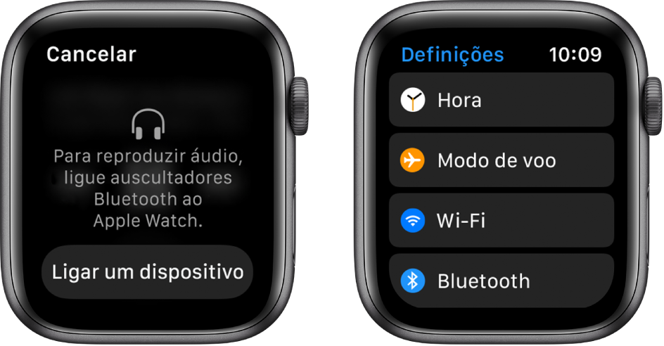 Se mudar a origem da música para o Apple Watch antes de emparelhar os auscultadores ou colunas Bluetooth, surge um botão “Ligar um dispositivo” junto à parte inferior do ecrã que encaminha para as definições Bluetooth no Apple Watch, onde pode adicionar um dispositivo de música.