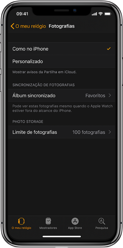 As definições das Fotografias na aplicação Apple Watch no iPhone, com a definição do “Álbum sincronizado” ao centro e a definição do “Limite de fotografias” por baixo.