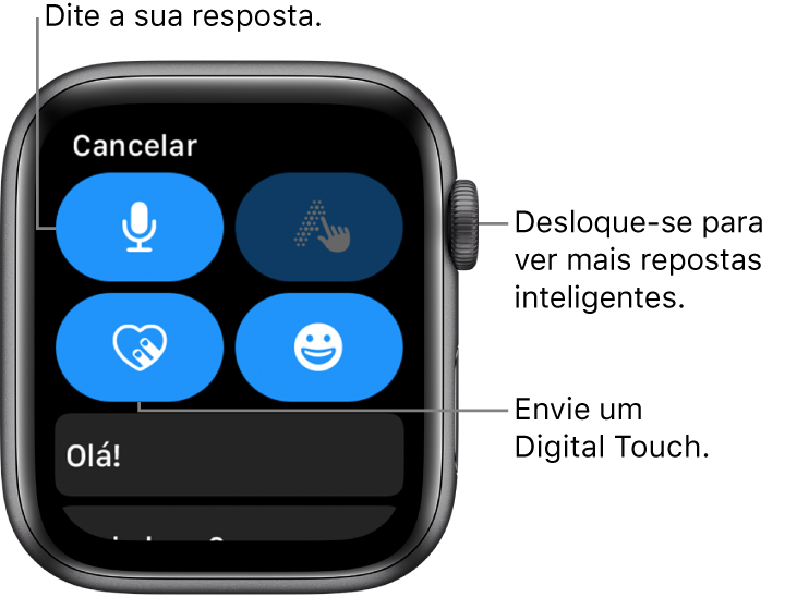 O ecrã de resposta, a mostrar os botões Ditado, Rabiscar, Digital Touch e Emoji. Em baixo, as respostas inteligentes. Rode a Digital Crown para ver mais respostas inteligentes.