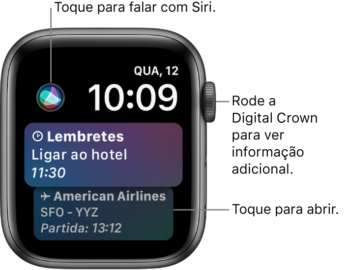 O mostrador Siri com um lembrete e um cartão de embarque. No canto superior esquerdo do ecrã está um botão Siri. A data e a hora no canto superior direito.