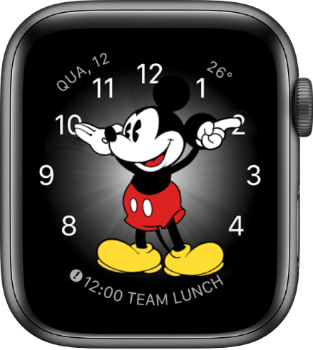 O mostrador do relógio Mickey Mouse onde é possível adicionar muitas complicações:
