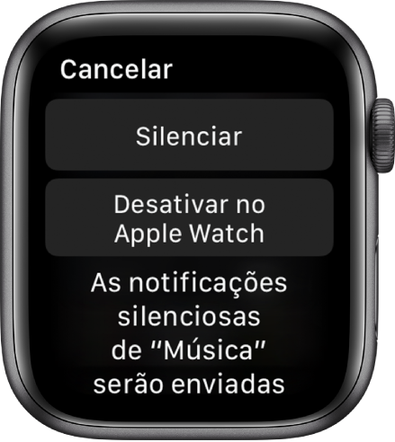 Definições de notificação no Apple Watch. O botão superior indica Silenciar e o botão em baixo indica Desativar no Apple Watch.