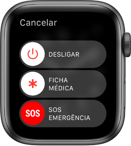 O ecrã do Apple Watch a mostrar três interruptores: Desligar, Ficha médica e SOS emergência. Arraste o interruptor Desligar para desligar o Apple Watch.