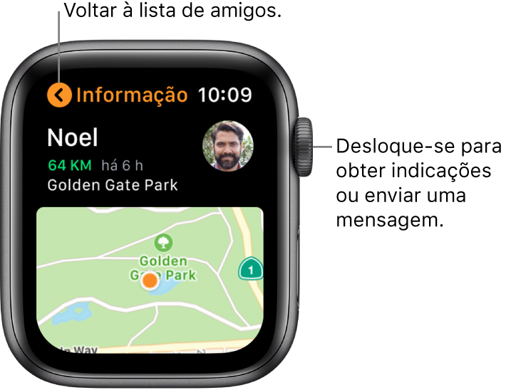 Um ecrã que mostra detalhes sobre a localização de um amigo, incluindo a que distância se encontra e a sua localização num mapa.