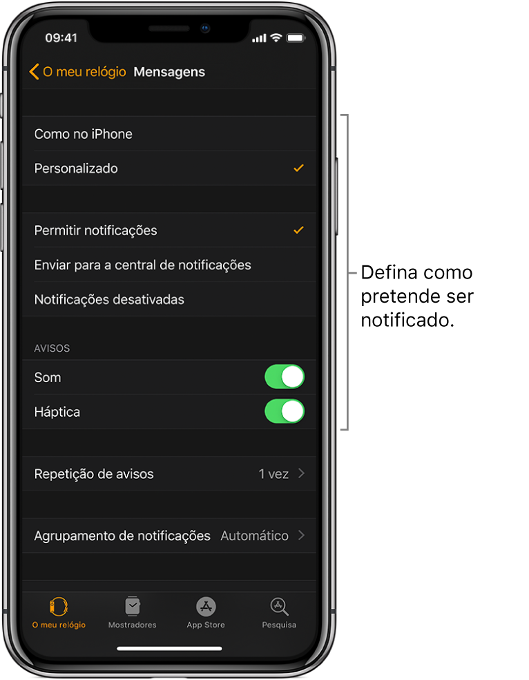 Definições de mensagens na aplicação Apple Watch, no iPhone. Pode optar por mostrar avisos, ativar sons, ativar háptica e repetição de avisos.