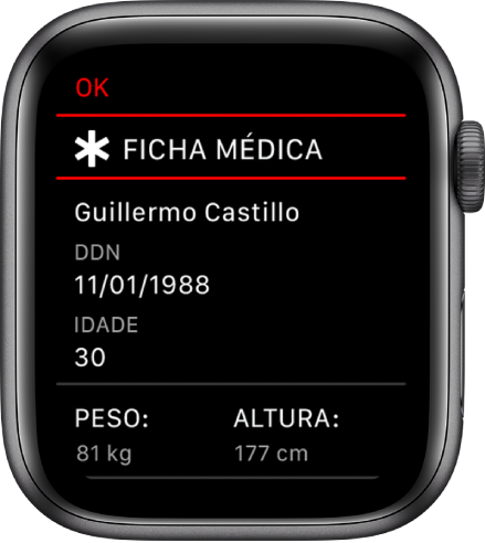 Um ecrã de ficha médica a mostrar o nome de utilizador, data de nascimento, idade, peso e altura.