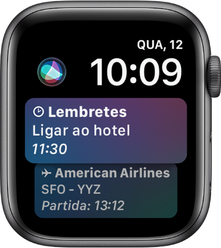 O mostrador Siri, com um título noticioso e informação da bolsa. No canto superior esquerdo do ecrã está um botão Siri.