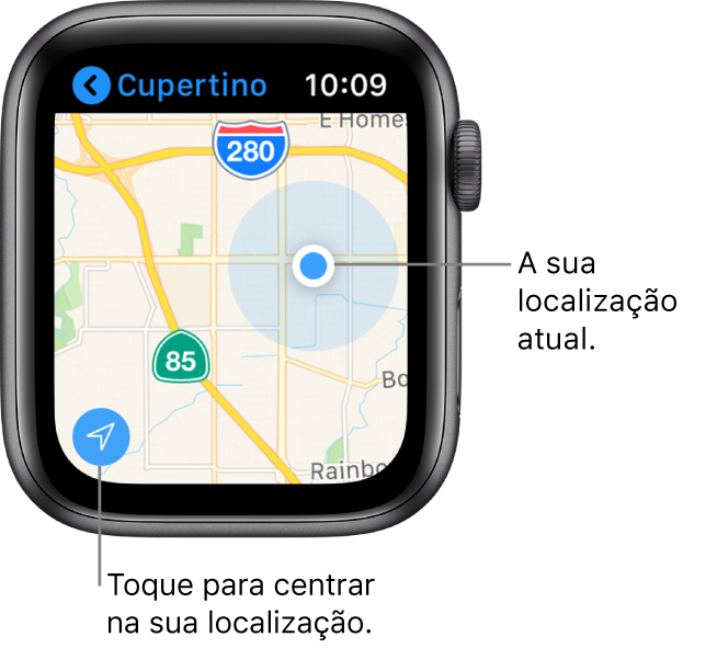 A aplicação Mapas, com um mapa; toque na seta no canto inferior esquerdo para determinar a sua localização atual; a sua localização é apresentada como um ponto azul no mapa.