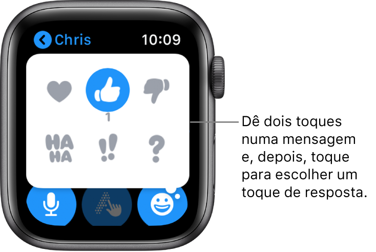 Uma conversa na aplicação Mensagens com opções de Tapback: coração, polegar para cima, polegar para baixo, Ha Ha, !! e ?.