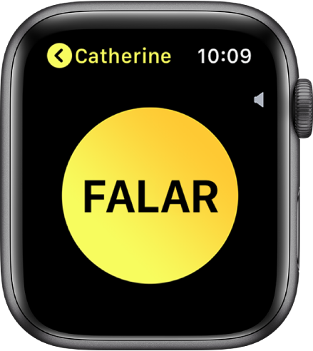 Ecrã da aplicação Walkie-talkie a mostrar um botão grande Falar ao centro. Um indicador de volume aparece junto à parte superior direita e o nome “Tejo” aparece no canto superior esquerdo.