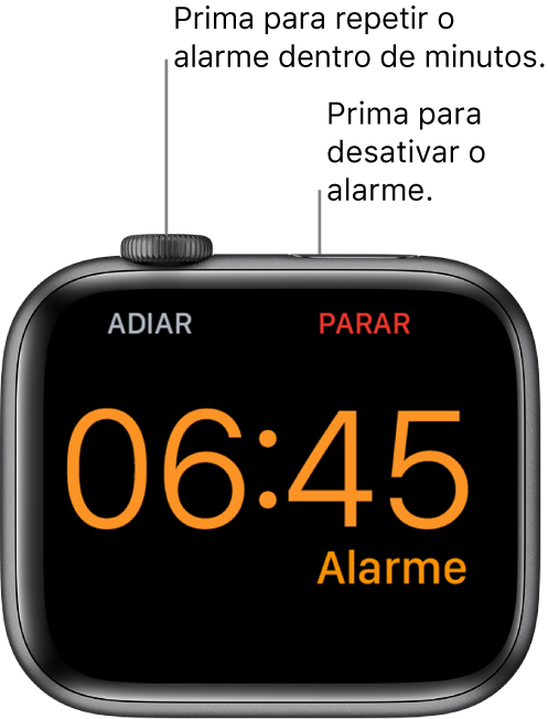 Um Apple Watch colocado de lado, no ecrã um despertador a tocar. Por baixo da Digital Crown está a palavra Adiar. A palavra “Parar” está por baixo do botão lateral.