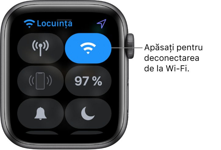 Centrul de control de pe Apple Watch (GPS + Conexiune celulară), cu butonul Wi-Fi în dreapta sus. Explicația are textul “Apăsați pentru deconectare de la Wi‑Fi”.