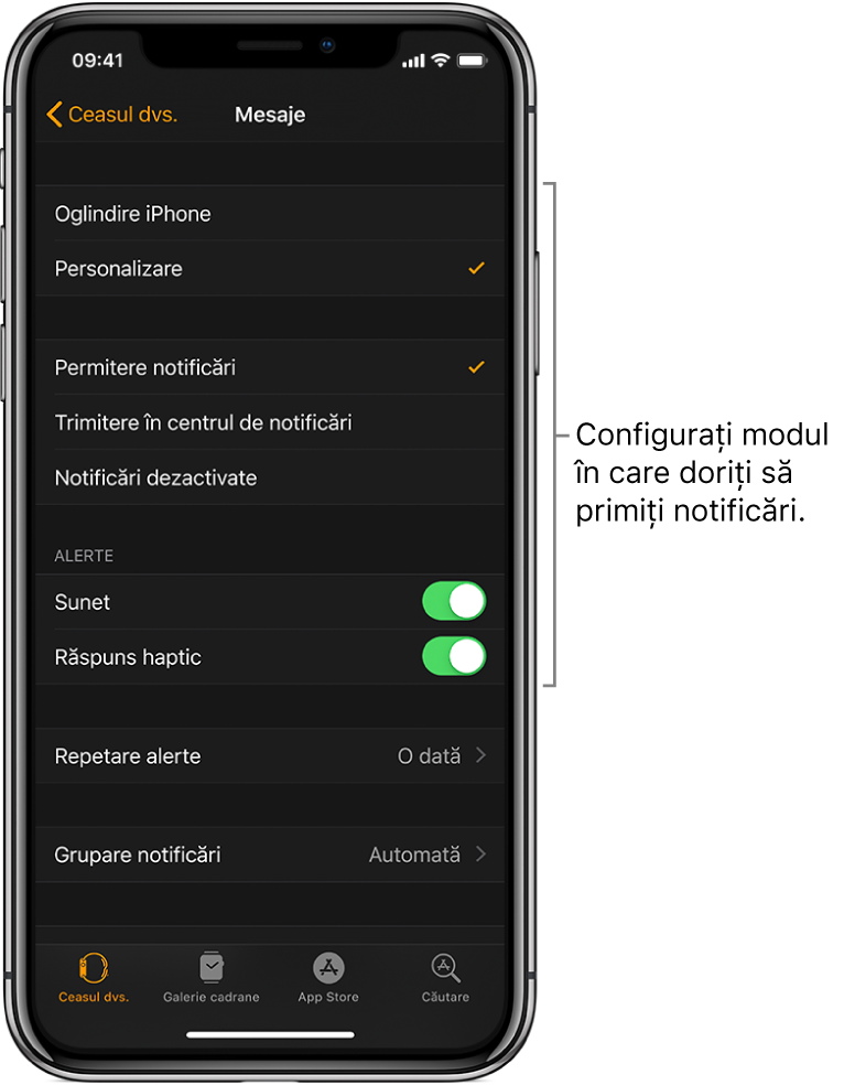 Configurările Mesaje în aplicația Apple Watch pe iPhone. Puteți alege să afișați alertele, să porniți sunetul, să activați răspunsul haptic și să repetați alertele.