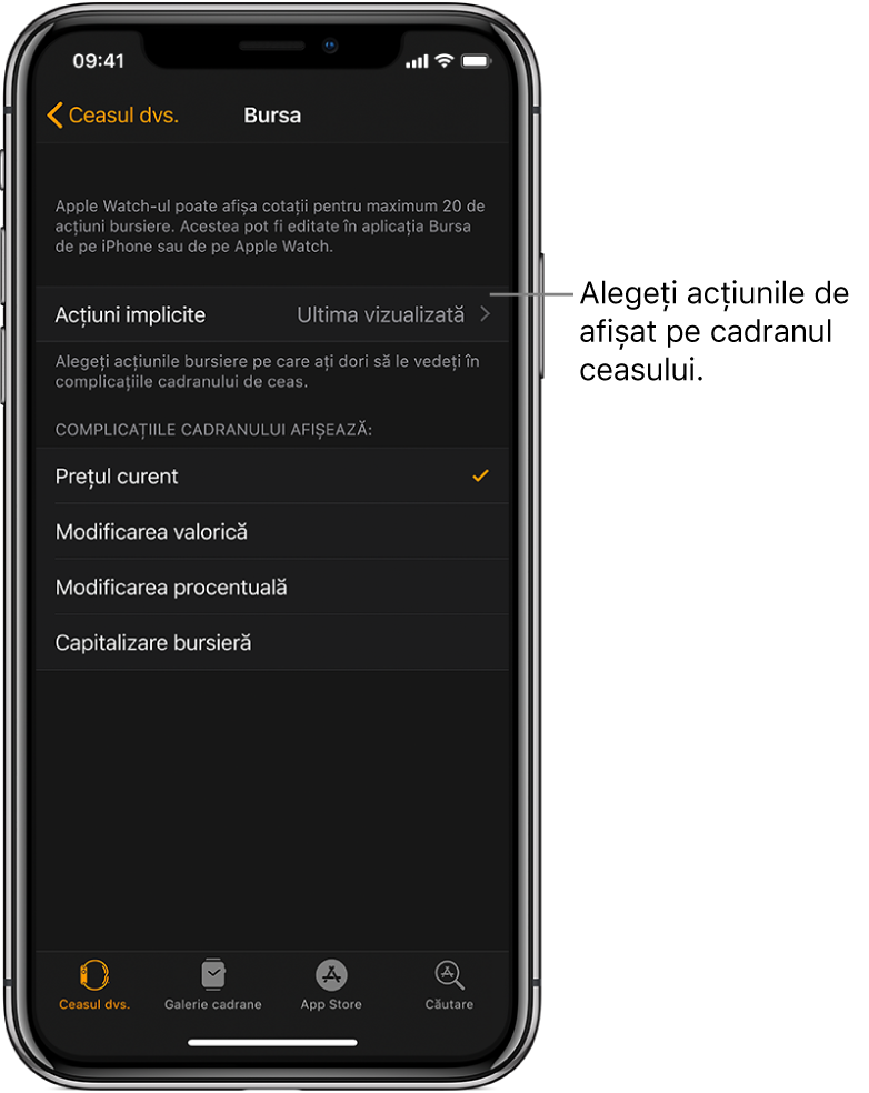 Ecranul de configurări pentru aplicația Bursa în aplicația Apple Watch de pe iPhone, prezentând opțiunile de selectare pentru Acțiuni implicite, configurat la Ultima vizualizată.