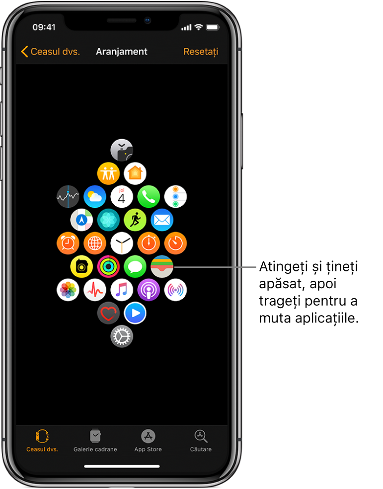 Ecranul Aranjament în aplicația Apple Watch, afișând o grilă de pictograme. O explicație pentru pictograma unei aplicații, cu textul: “Atingeți și trageți pentru a muta aplicațiile”.