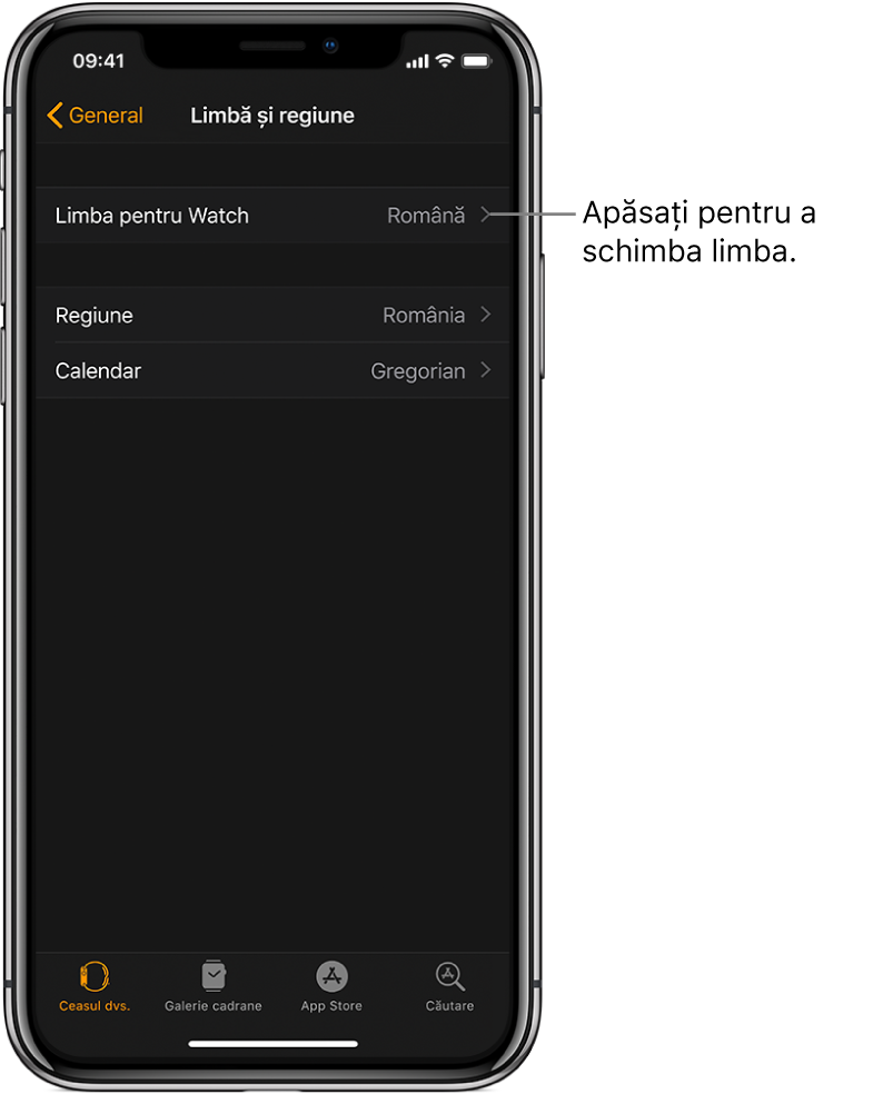 Ecranul Limbă și regiune din aplicația Apple Watch, cu configurarea Limba pentru Watch lângă partea de sus.