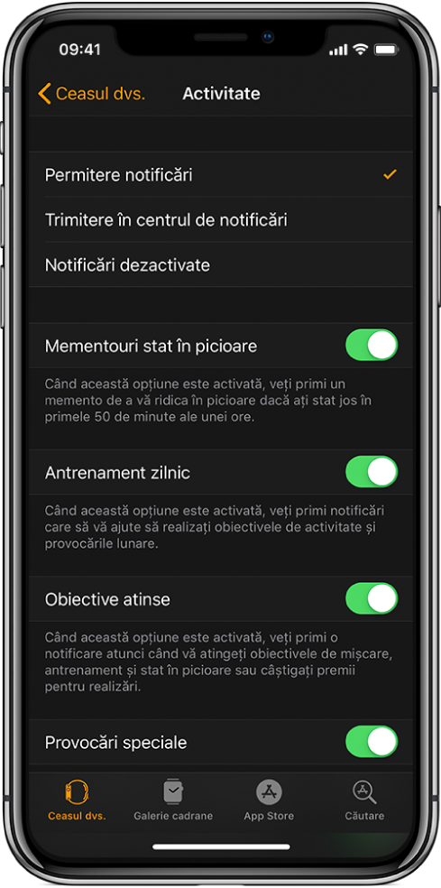 Ecranul Activitate din aplicația Apple Watch, de unde puteți personaliza notificările pe care doriți să le primiți.