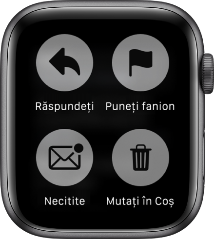 Când apăsați pe afișaj în timp ce vizualizați un mesaj pe Apple Watch, pe ecran apar patru butoane: Răspundeți, Puneți fanion, Necitit și Mutați la Coș.