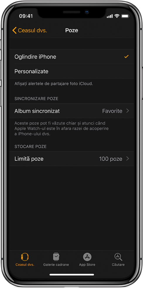 Configurările pentru Poze în aplicația Apple Watch de pe iPhone, având configurările pentru Album sincronizat în mijloc și configurările Limită poze dedesubt.