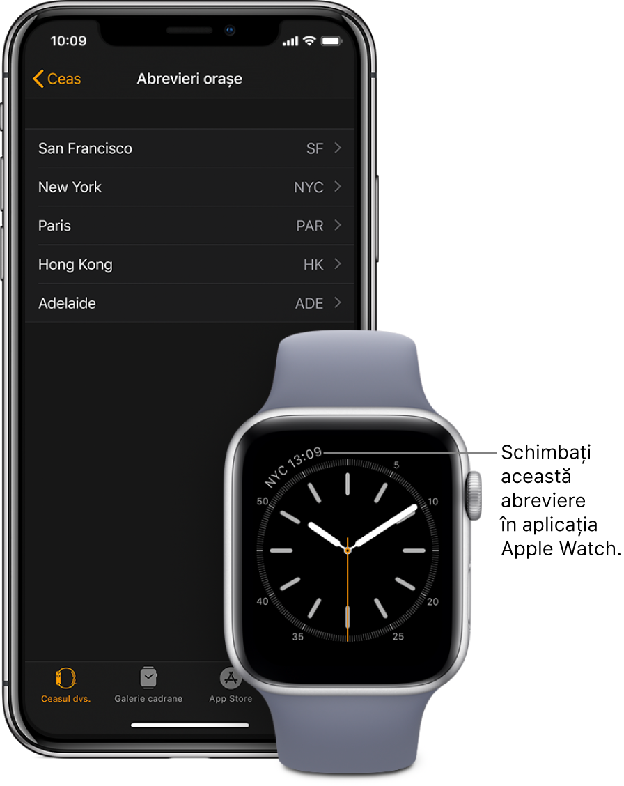 Cadranul ceasului cu un indicator spre ora din New York City, utilizând abrevierea NYC. Următorul ecran prezintă lista de orașe în configurările Abrevieri orașe, în configurările Ceas din aplicația Apple Watch de pe iPhone.