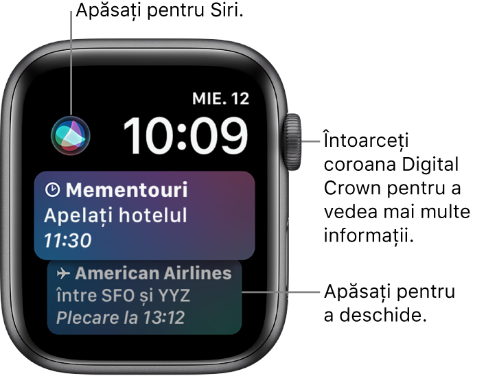 Cadranul de ceas Siri, prezentând un memento și o carte de îmbarcare. Un buton Siri se află în partea stângă sus a ecranului. Data și ora se află în dreapta sus.