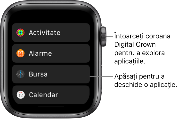 Ecranul principal în vizualizarea listă pe Apple Watch, cu aplicațiile sub formă de listă. Apăsați pe o aplicație pentru a o deschide. Derulați pentru a vedea mai multe aplicații.