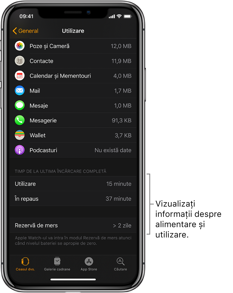 Pe ecranul Utilizare din aplicația Apple Watch, vizualizați valorile pentru Utilizare, Repaus și Rezervă de mers în jumătatea de jos a ecranului.
