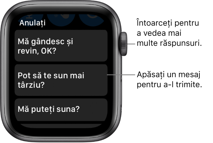 Ecranul Mail prezentând sus butonul Anulați, trei răspunsuri prestabilite (“Mă gândesc și revin, OK?”, “Pot să te sun mai târziu?” și “Mă puteți suna?”).