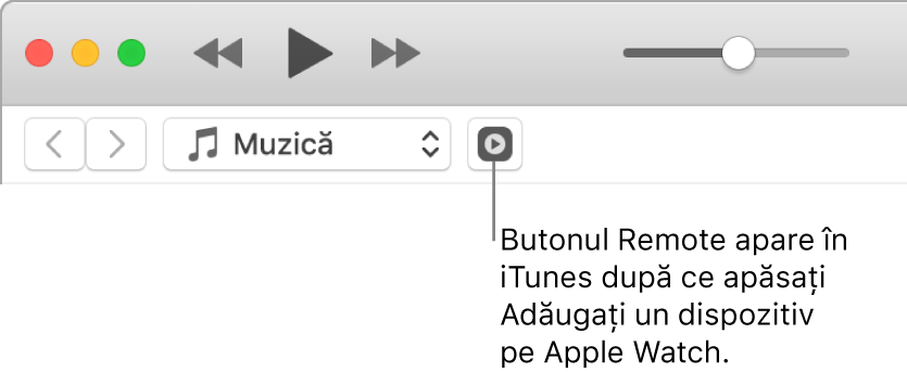 Butonul Remote din iTunes apare în timp ce încercați să adăugați biblioteca la Apple Watch.