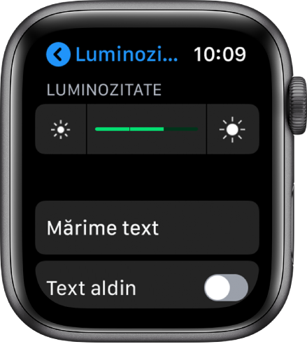 Configurările pentru Luminozitate pe Apple Watch, cu glisorul Luminozitate în partea de sus, butonul Mărime text dedesubt și comanda Text aldin în partea de jos.