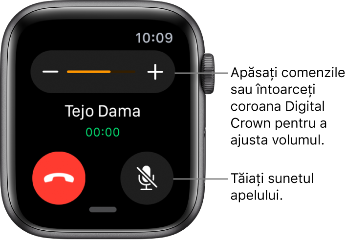 În timpul unui apel telefonic recepționat, pe ecran se afișează simbolurile pentru volum — și + în partea de sus și butonul Activați modul mut în dreapta jos.
