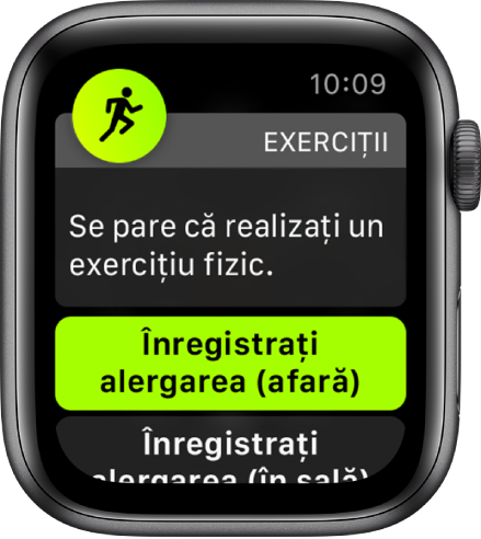 Un ecran de detectare Exerciții care conține textul “Se pare că realizați un exercițiu fizic”, urmat de un buton pe care scrie “Înregistrați alergarea afară”.