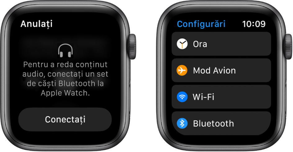 În cazul în care comutați sursa audio la Apple Watch înainte de a asocia niște difuzoare sau căști Bluetooth, în centrul ecranului va apărea un buton Conectați care vă conduce la configurările Bluetooth de pe Apple Watch, unde puteți adăuga un dispozitiv de audiție.