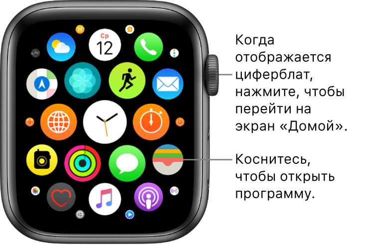Экран «Домой» в режиме просмотра сеткой на Apple Watch, с гроздью программ. Коснитесь программы, чтобы открыть ее. Потяните, чтобы отобразить другие программы.