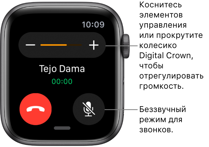 Во время входящего телефонного звонка вверху экрана отображаются значки «—» и «+» для громкости, а вверху справа отображается кнопка «Выключить звук».