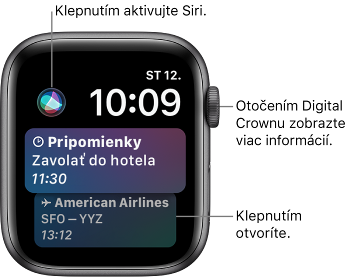 Ciferník Siri, na ktorom je zobrazená pripomienka a palubný lístok. V ľavej hornej časti obrazovky sa nachádza tlačidlo Siri. Vpravo hore sa nachádzajú dátum a čas.