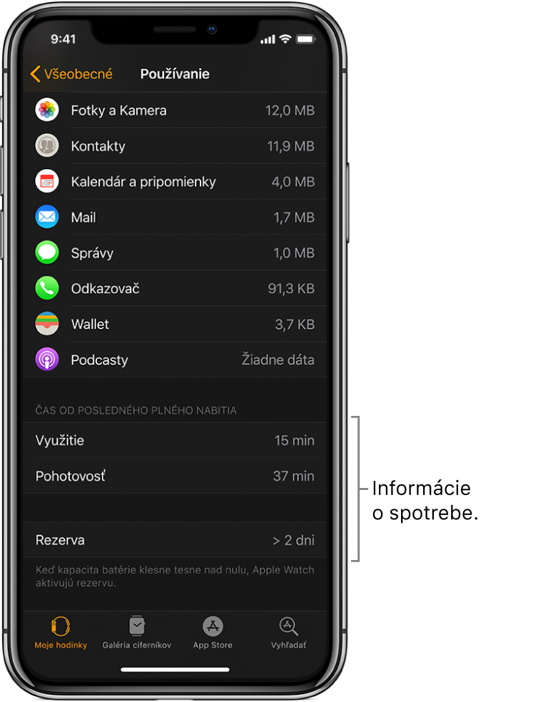 Na obrazovke Využitie v aplikácii Apple Watch si v dolnej časti pozrite hodnoty napájania v režimoch Použitie, Pohotovostný a Rezerva.