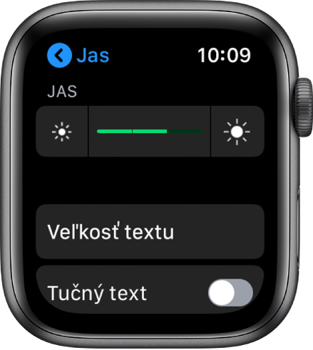 Nastavenia jasu na hodinkách Apple Watch s jazdcom položky Jas v hornej časti, tlačidlom Veľkosť textu pod ním a nastavením Tučný text v spodnej časti.