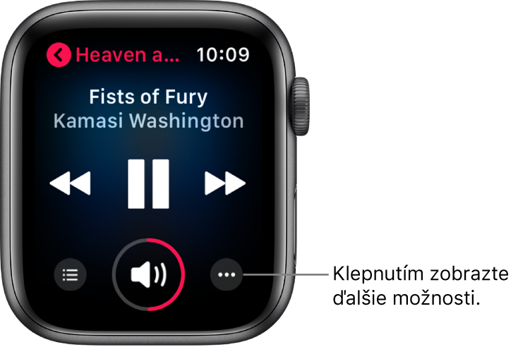 Obrazovka aplikácie Práve hrá, na ktorej je zobrazené ovládanie hlasitosti, nad ním je názov skladby a interpret a vľavo hore je zobrazený názov albumu.