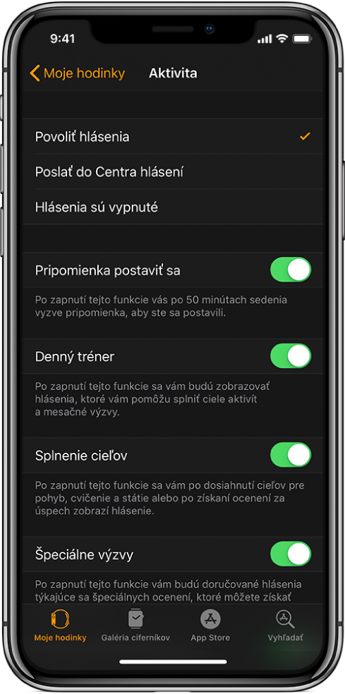 Obrazovka Aktivita v aplikácii Apple Watch, na ktorej si môžete vybrať hlásenia, ktoré chcete dostávať.