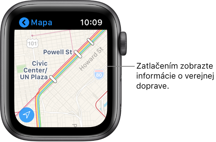 Aplikácia Mapy zobrazujúca podrobnosti verejnej dopravy, vrátane trás a názvov zastávok.