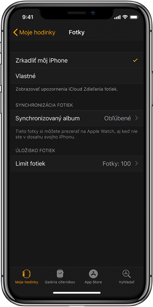 Nastavenia Fotiek v aplikácii Apple Watch na iPhone s nastavením Synchronizovaného albumu v stredu a nastavením Limit fotiek pod ním.